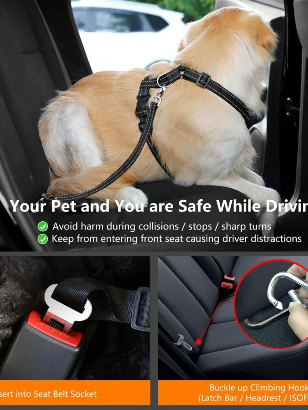 Dog Seat Belt, Safety Vest Dog Car Harness with Adjustable Buckle - Large